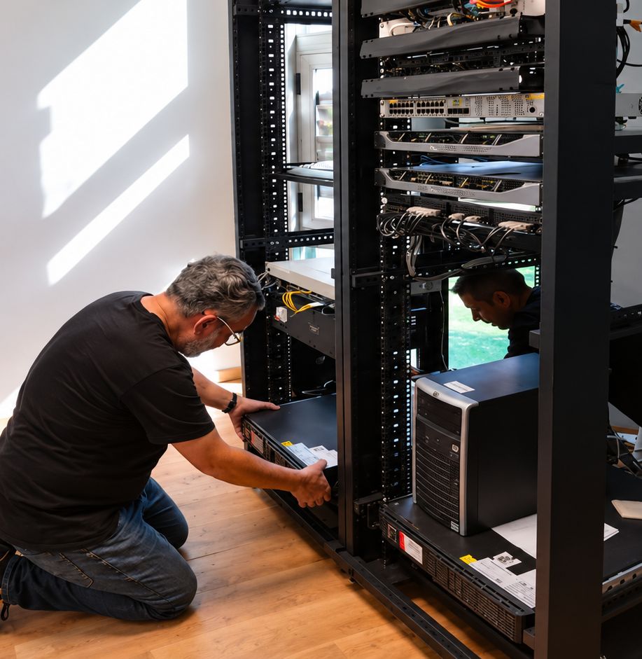 Técnico de Instalnet realizando mantenimiento preventivo sobre un rack
