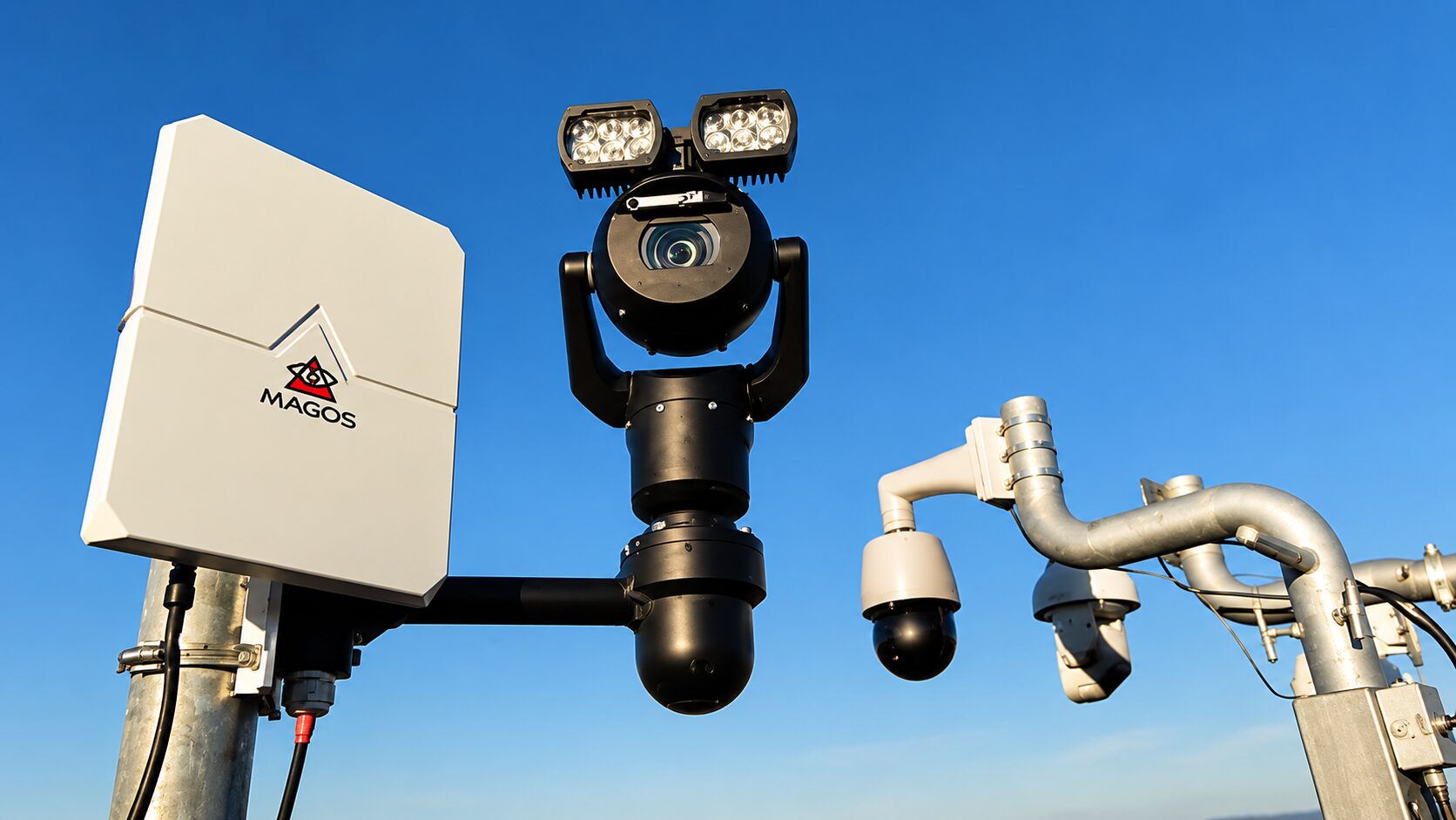Radar MAGOS y cámara PTZ instalados sobre mástil en una planta cerealera
