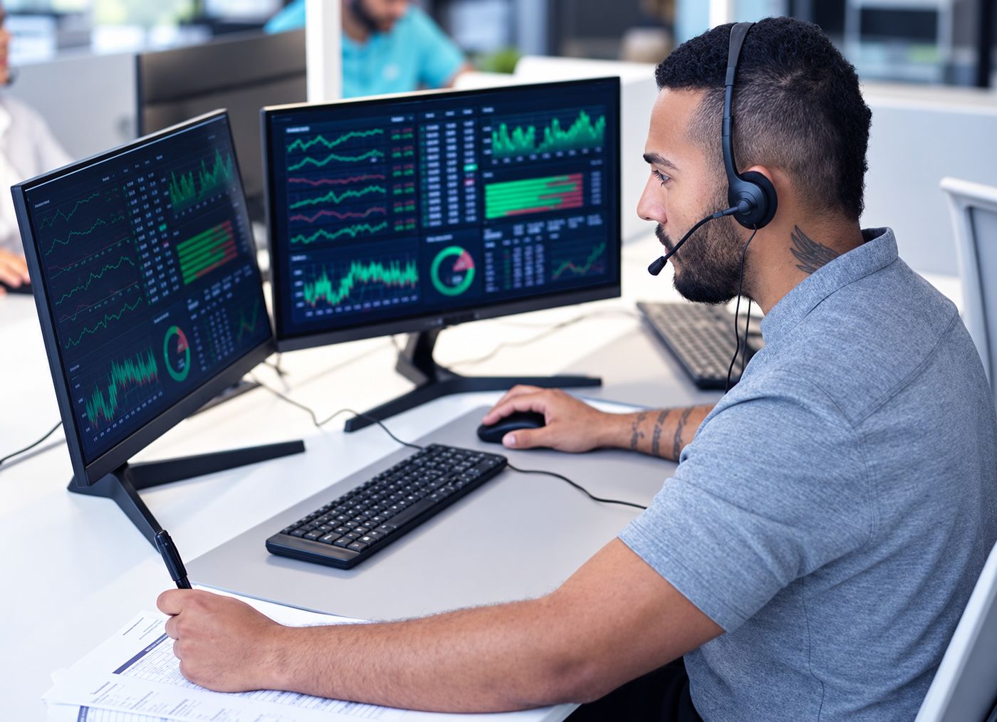 Especialista de Instalnet atendiendo soporte remoto sobre múltiples paneles